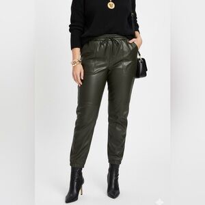 Dark Green Highrise Draw String Elastic Waist Band Faux Leather Loose Pants